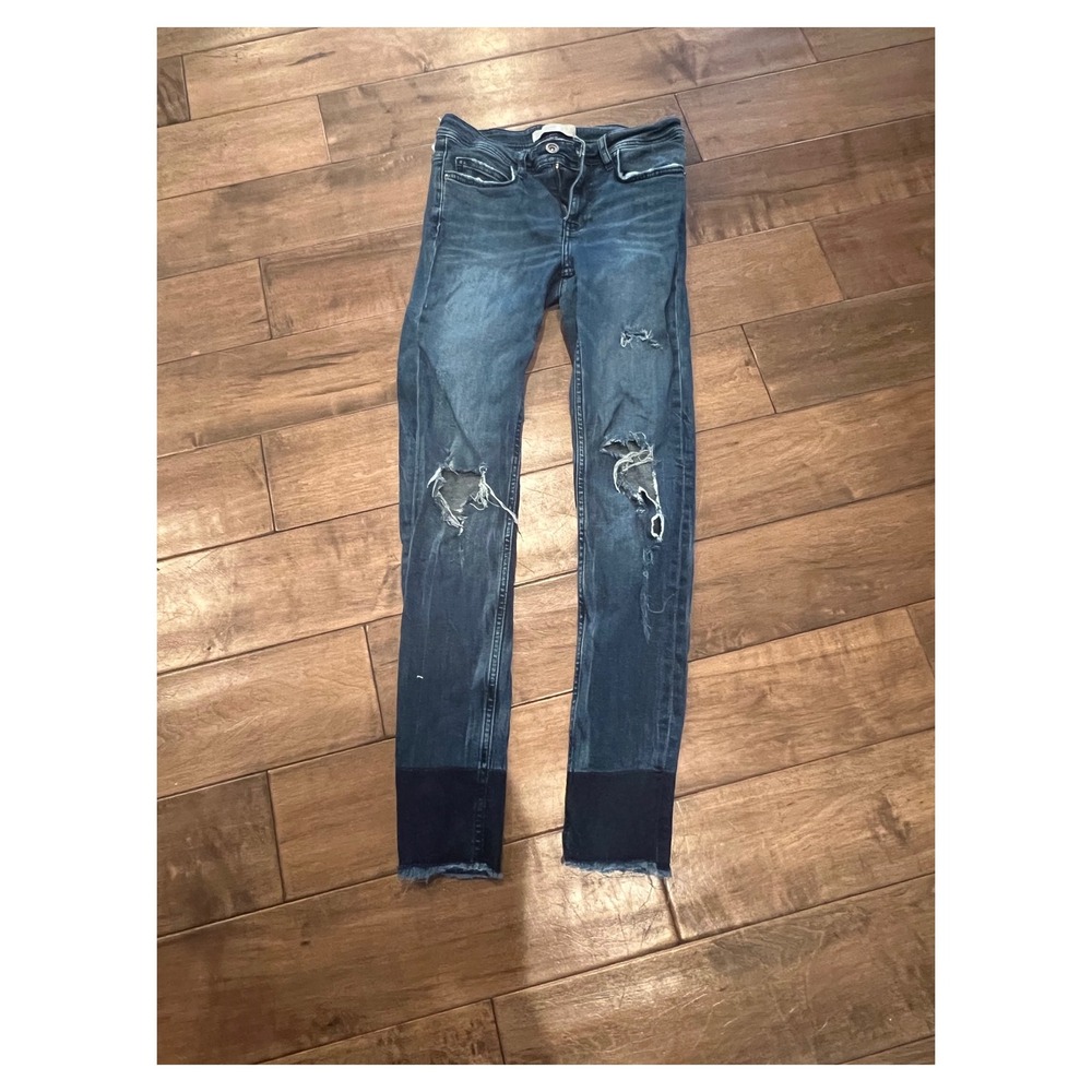 Zara‎ Basic Ripped Distressed Jeans Dark Wash Denim Blue Jeans Size 6